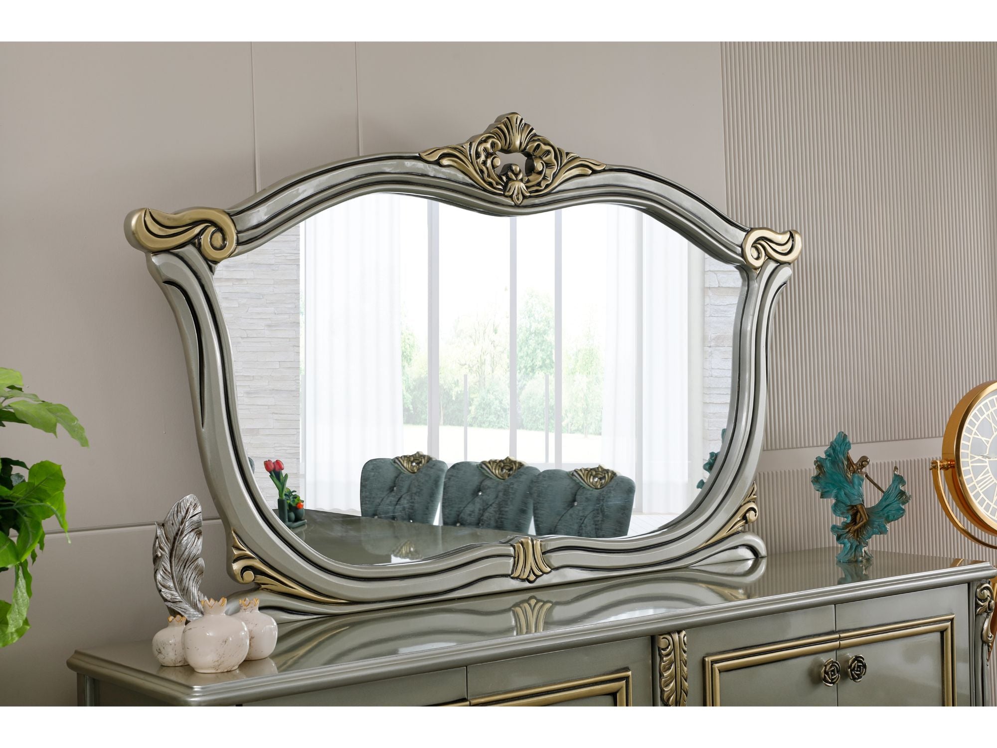 Buse Diningroom (Consol With Mirror & Dining Table & 2 Arm Chair & 4 Chair) Light Green