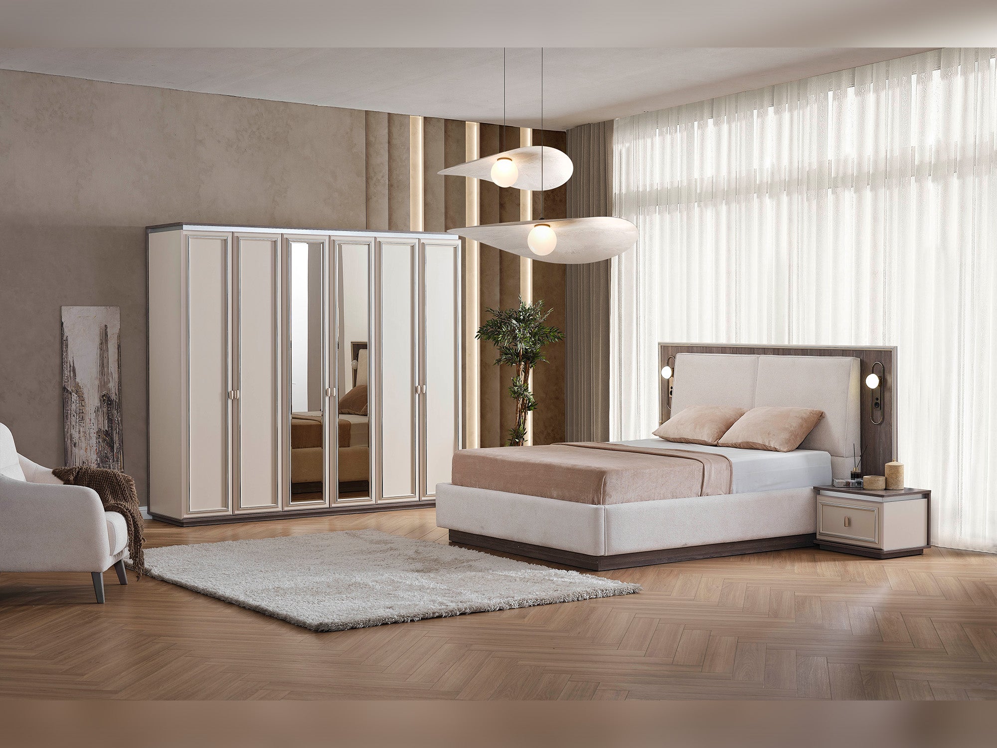 Carmen Bedroom (Queen Frame With Headboard & Dresser With Mirror & Ottoman & 2 Nightstand)