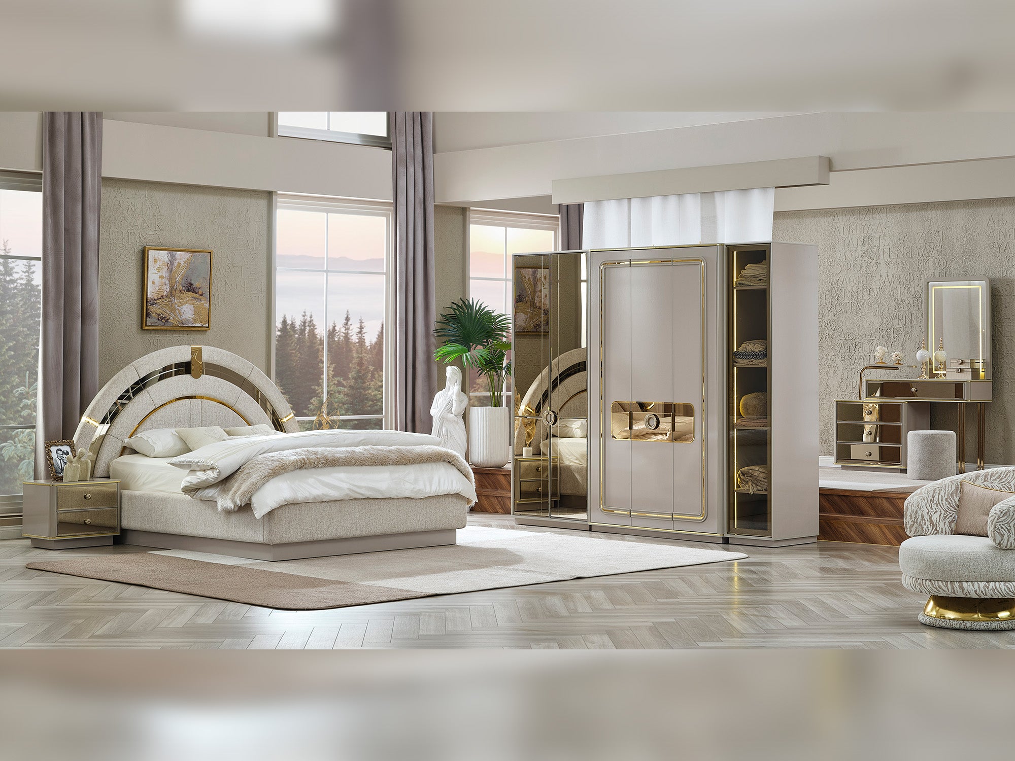 Delux Bedroom (Queen Frame With Headboard & Dresser With Mirror & Ottoman & 2 Nightstand)