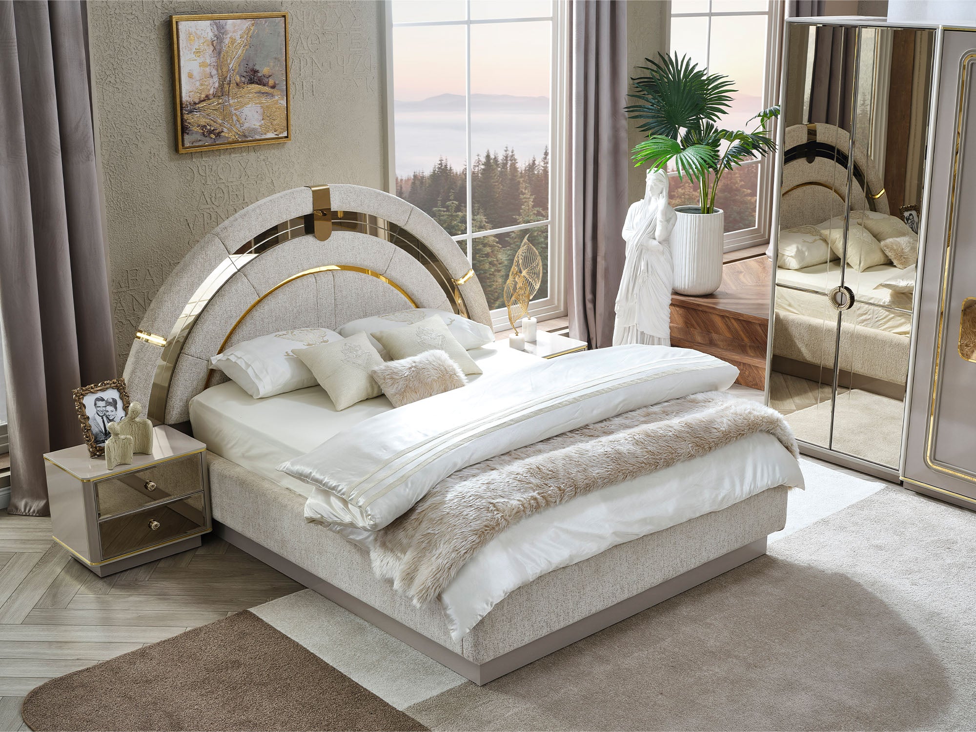 Delux Bedroom (Queen Frame With Headboard & Dresser With Mirror & Ottoman & 2 Nightstand)