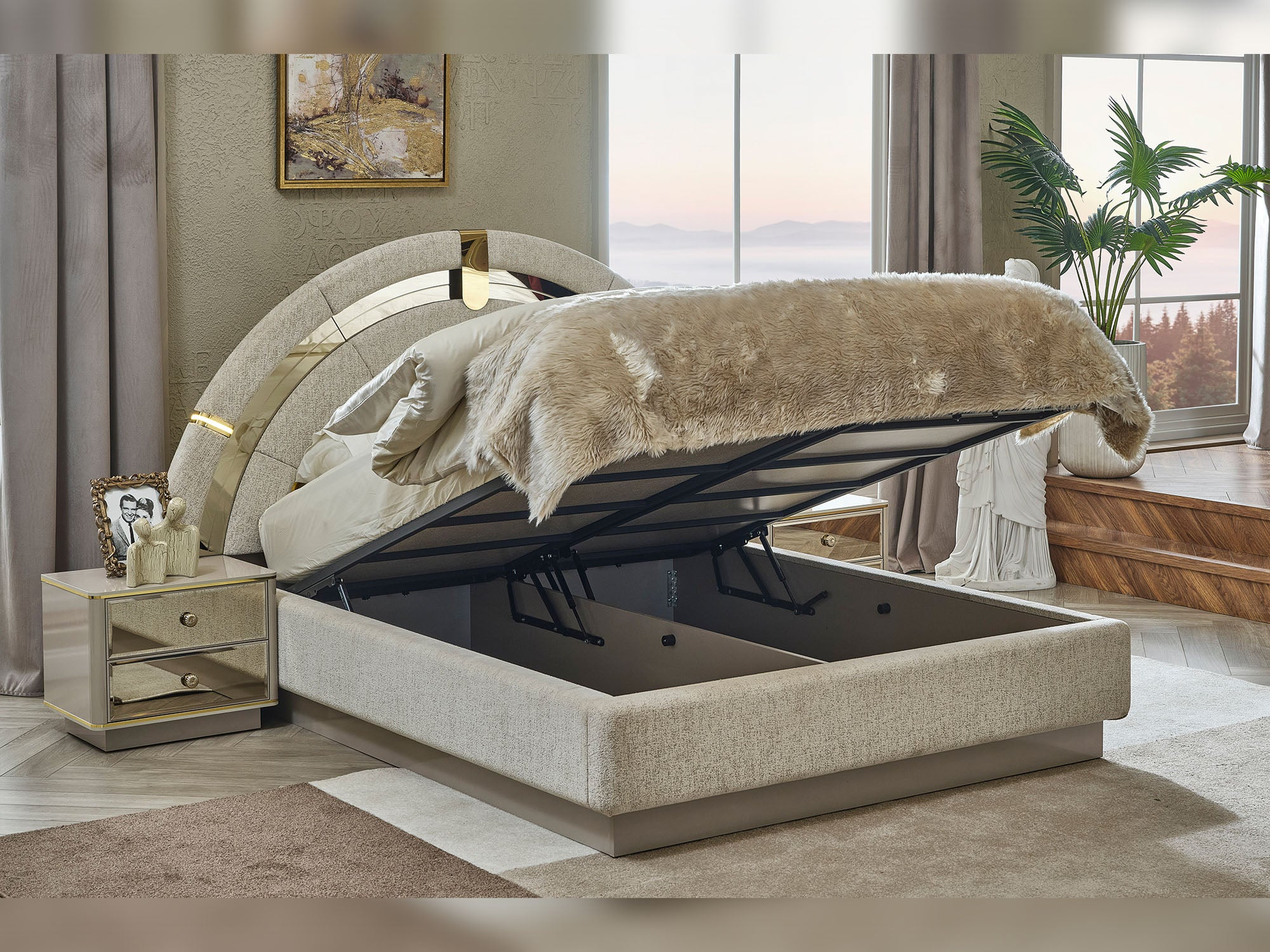 Delux Bedroom (Queen Frame With Headboard & Dresser With Mirror & Ottoman & 2 Nightstand)