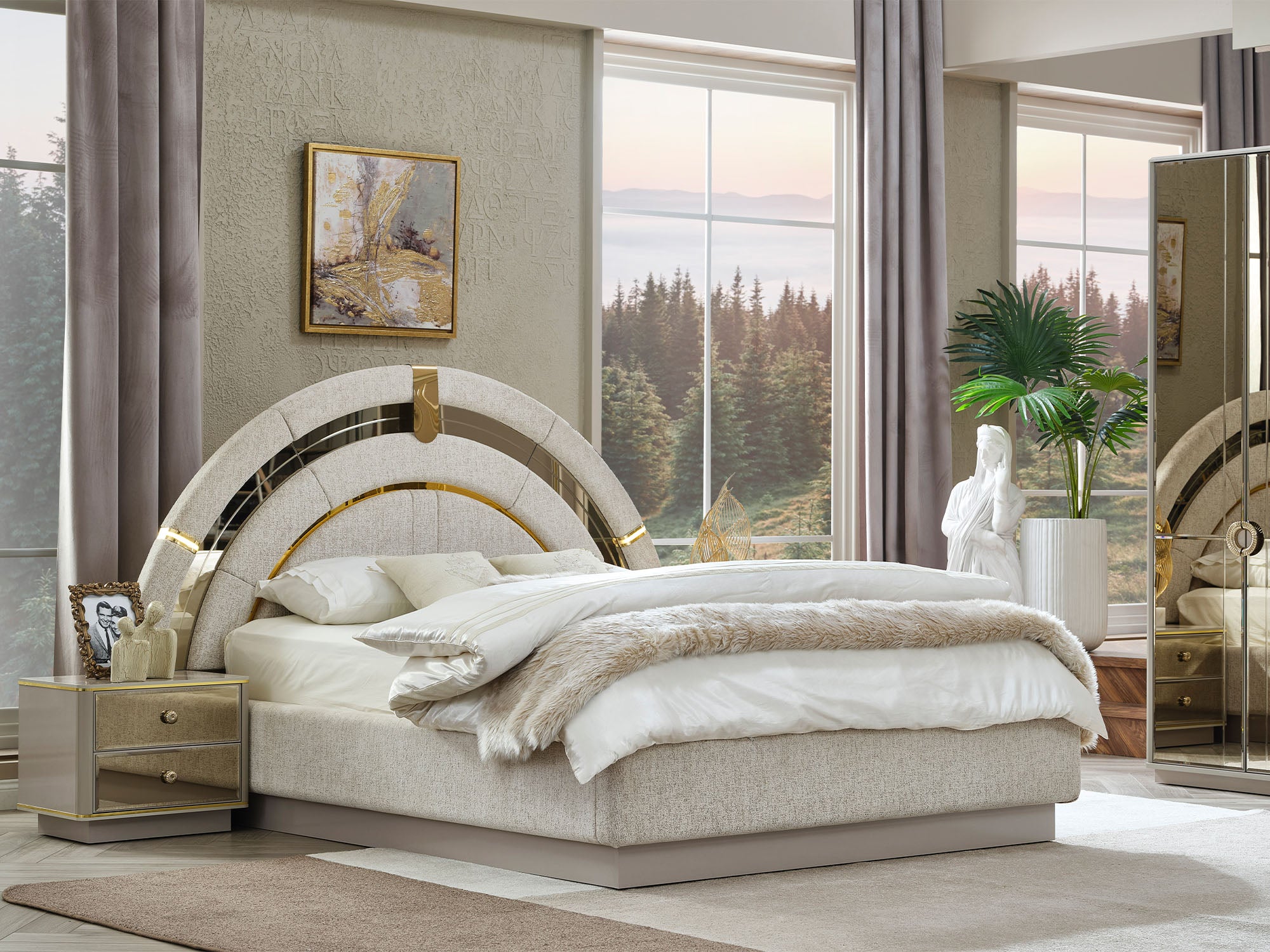 Delux Bedroom (Queen Frame With Headboard & Dresser With Mirror & Ottoman & 2 Nightstand)