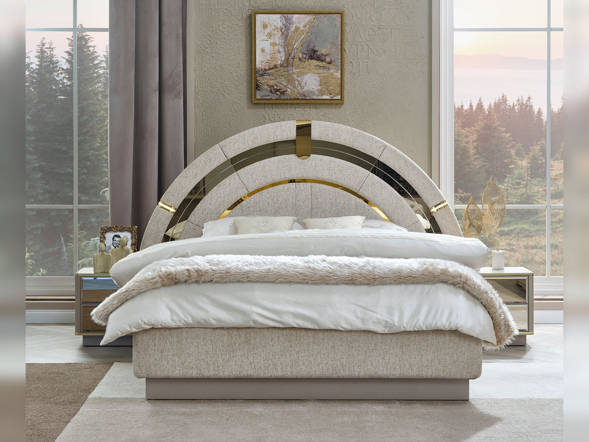 Delux Bedroom (Queen Frame With Headboard & Dresser With Mirror & Ottoman & 2 Nightstand)