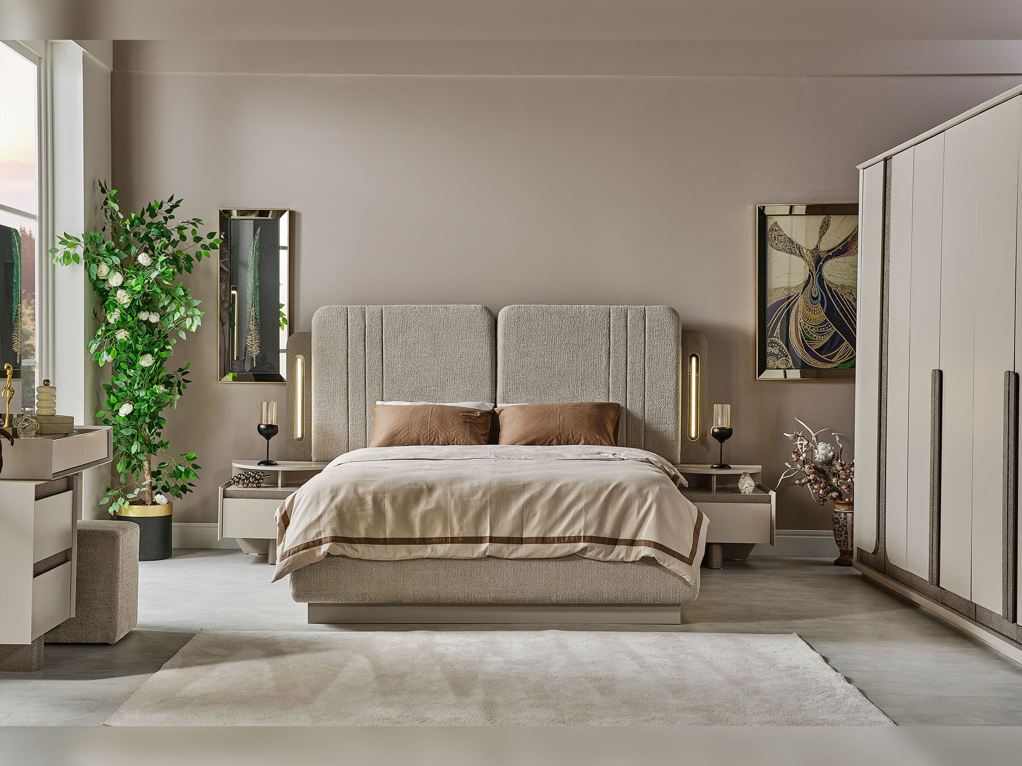 Efes Mum Bedroom (Queen Frame With Headboard & Dresser With Mirror & Ottoman & 2 Nightstand)