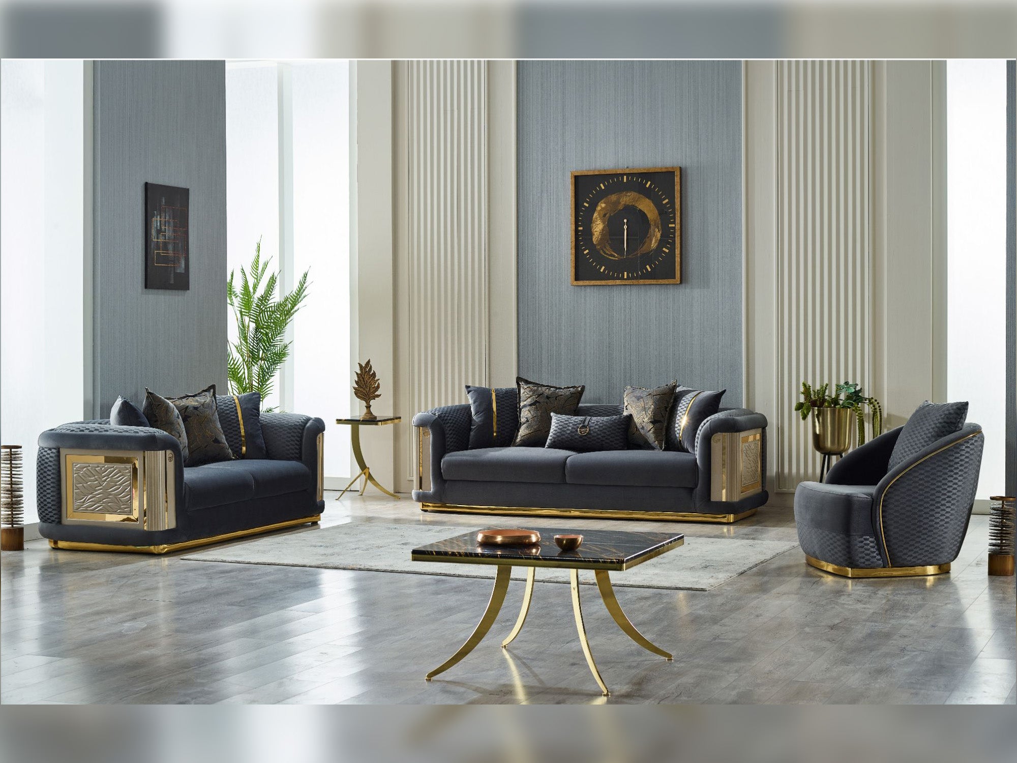 Elegance 3-pieces (Sofa & Loveseat & Chair) Livingroom Set Dark Grey