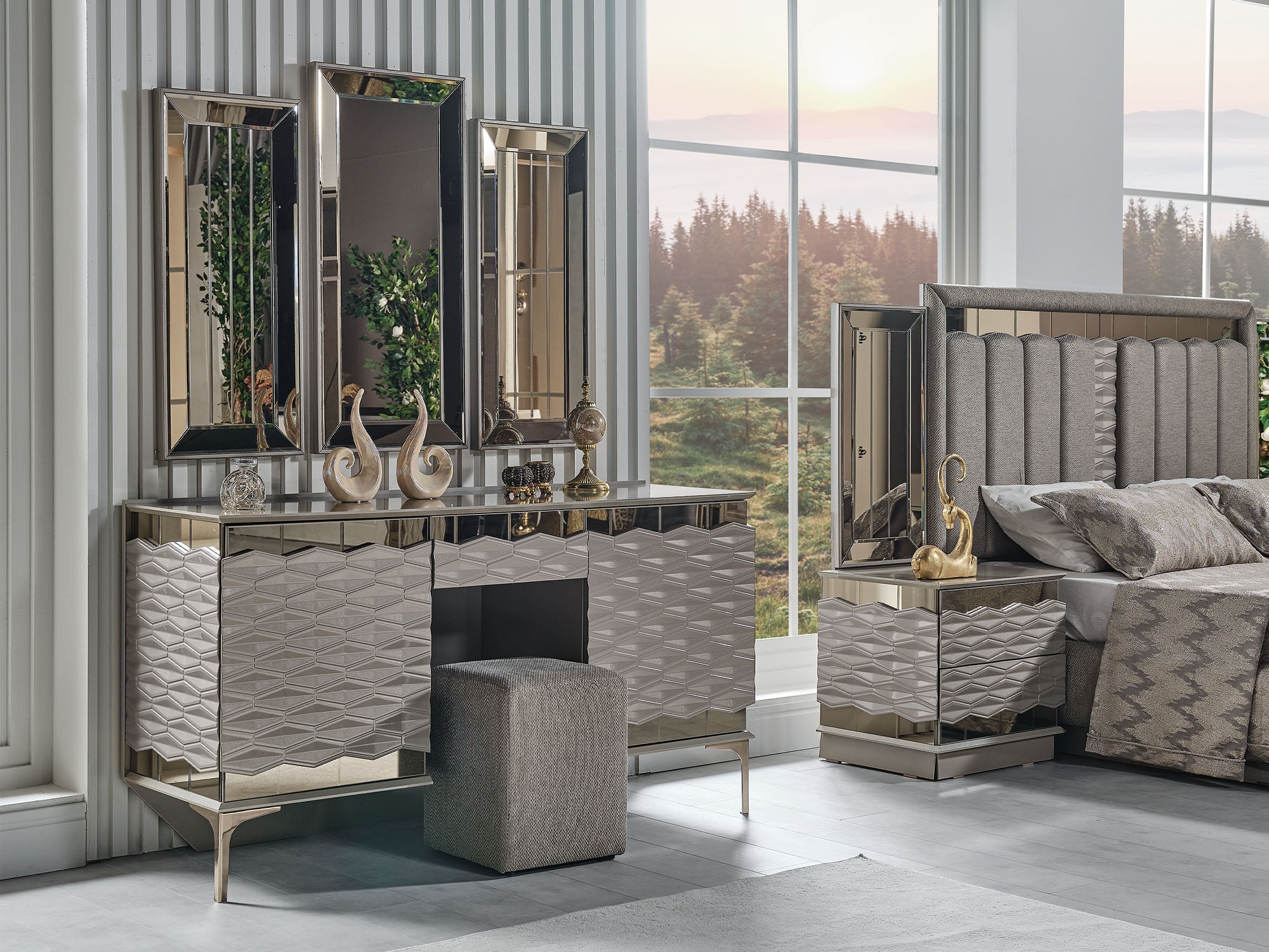 Gokce Bedroom (Queen Frame With Headboard & Dresser With Mirror & Ottoman & 2 Nightstand)