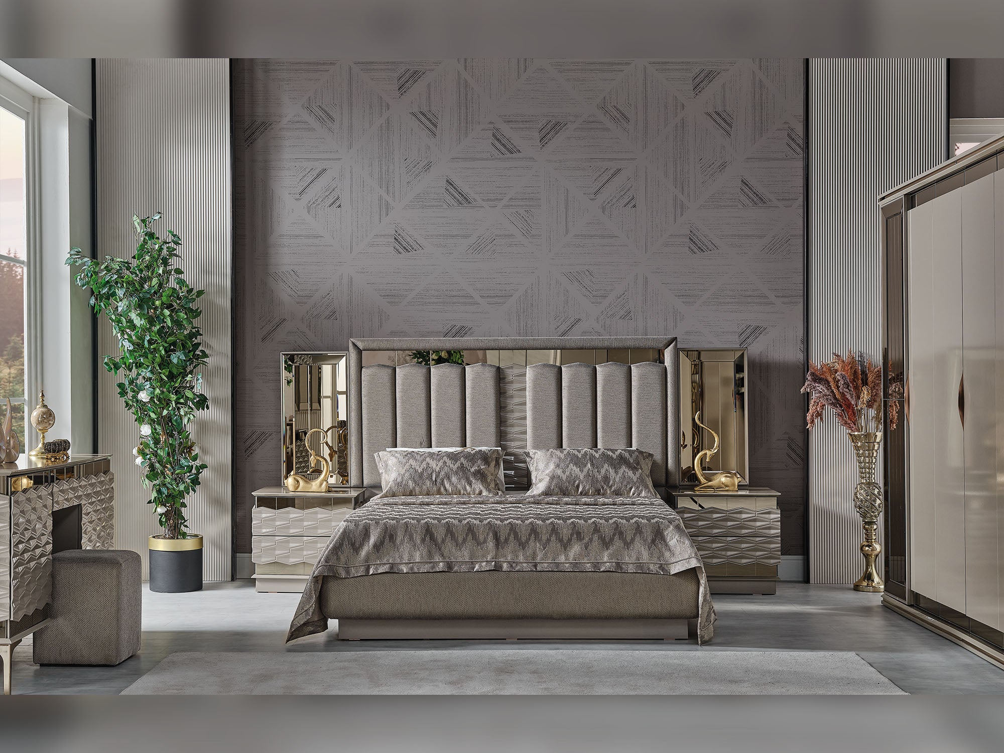 Gokce Bedroom (Queen Frame With Headboard & Dresser With Mirror & Ottoman & 2 Nightstand)