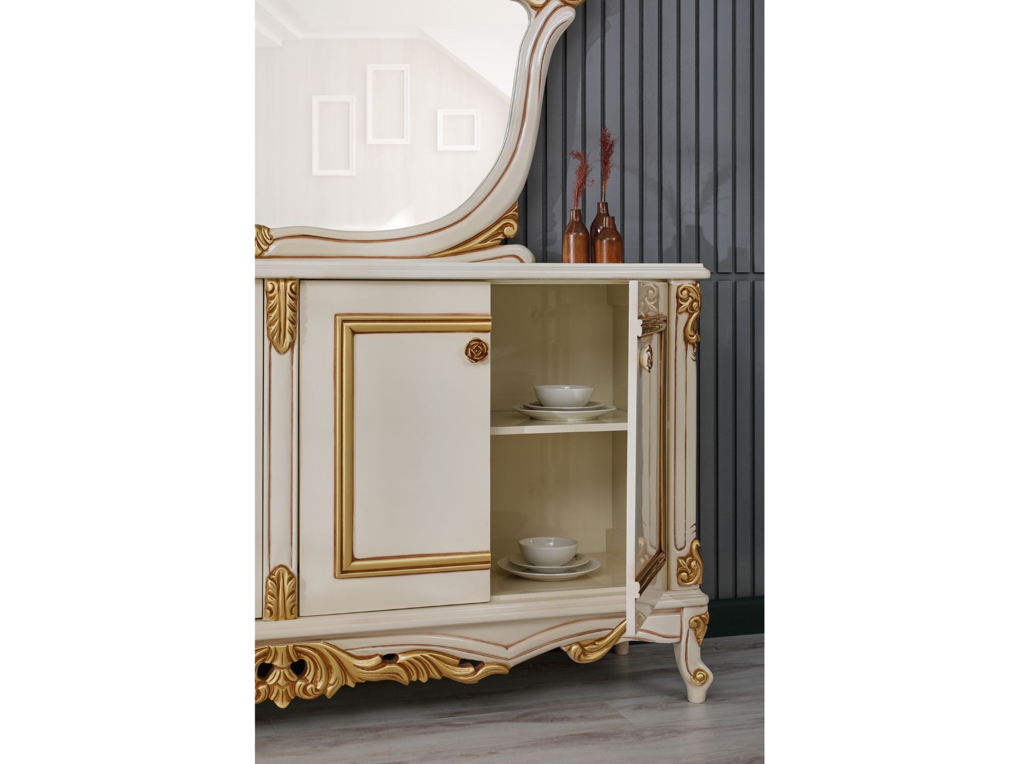 Buse Diningroom (Consol With Mirror & Dining Table & 2 Arm Chair & 4 Chair) Cream