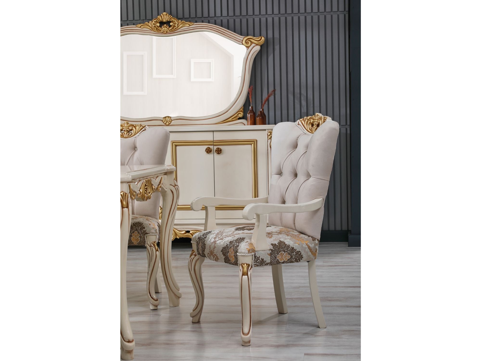 Buse Diningroom (Consol With Mirror & Dining Table & 2 Arm Chair & 4 Chair) Cream