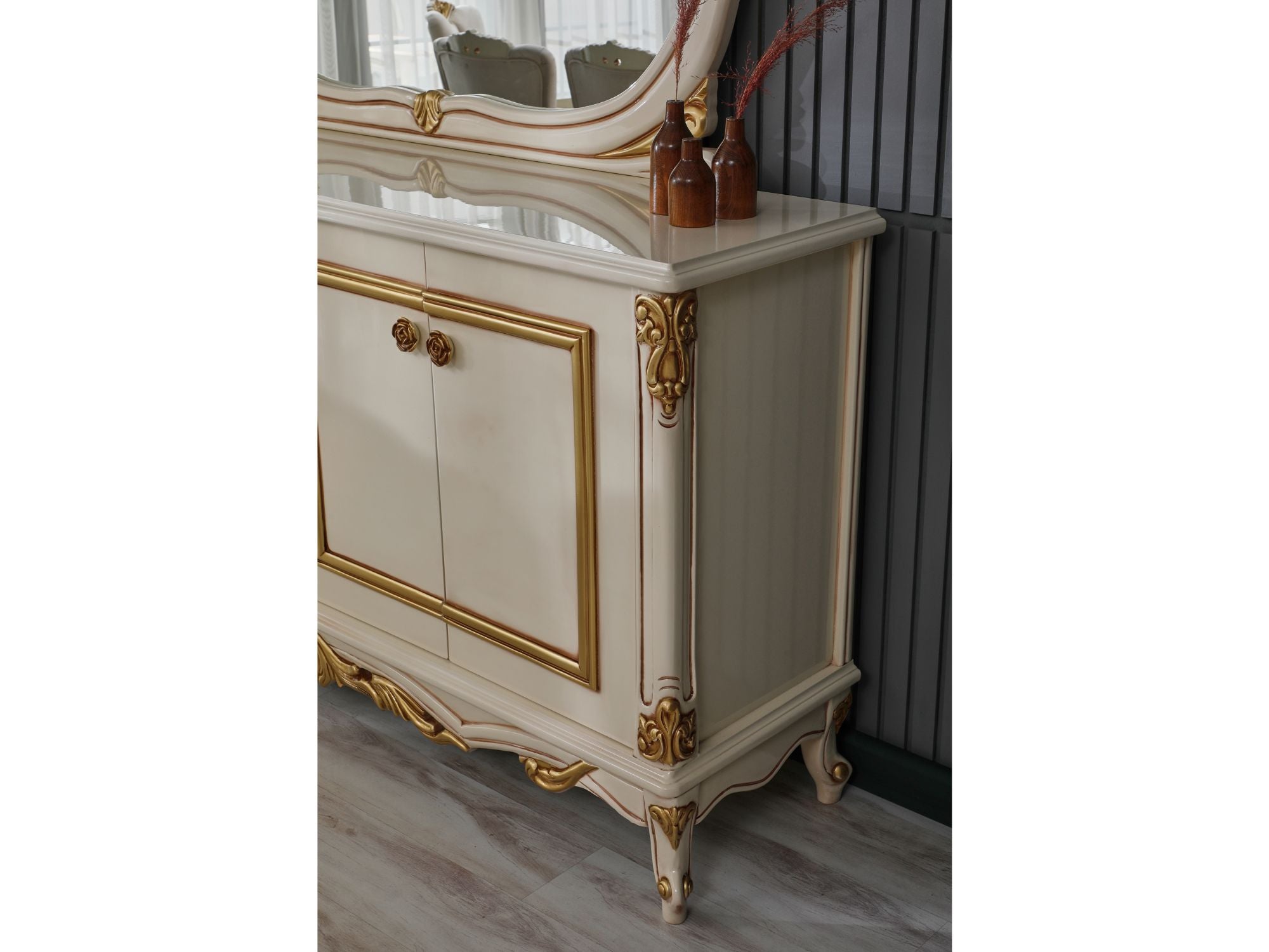 Buse Diningroom (Consol With Mirror & Dining Table & 2 Arm Chair & 4 Chair) Cream