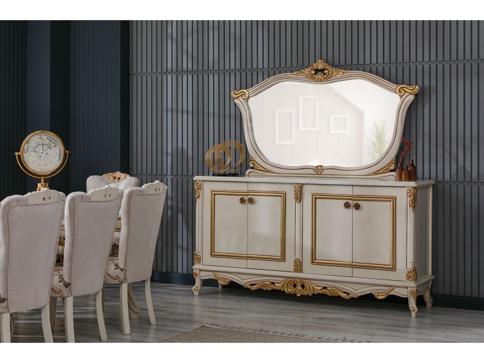 Buse Diningroom (Consol With Mirror & Dining Table & 2 Arm Chair & 4 Chair) Cream