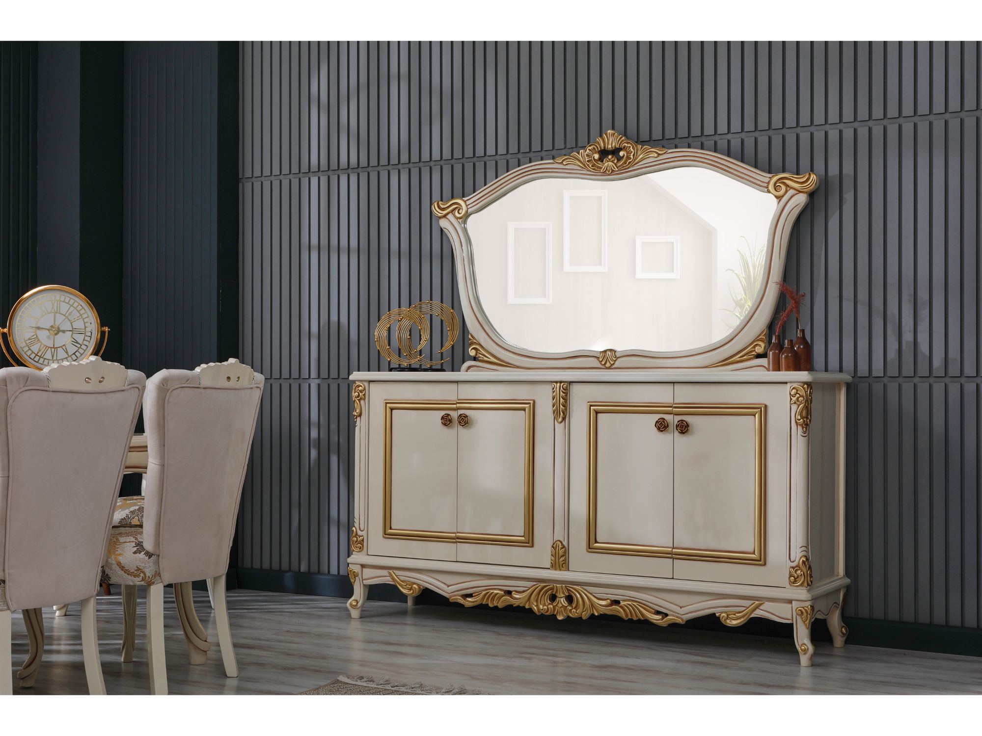 Buse Diningroom (Consol With Mirror & Dining Table & 2 Arm Chair & 4 Chair) Cream
