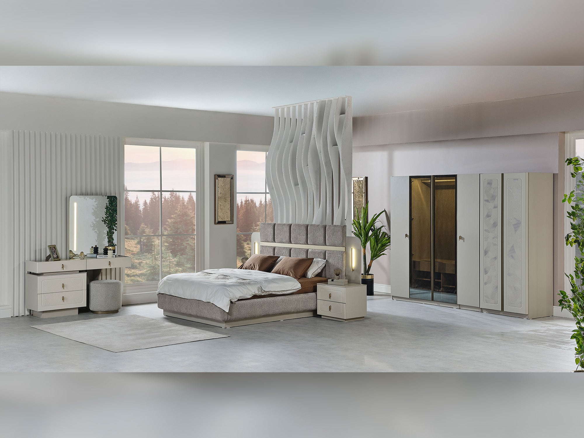 Hisar Bedroom (Queen Frame With Headboard & Dresser With Mirror & Ottoman & 2 Nightstand)