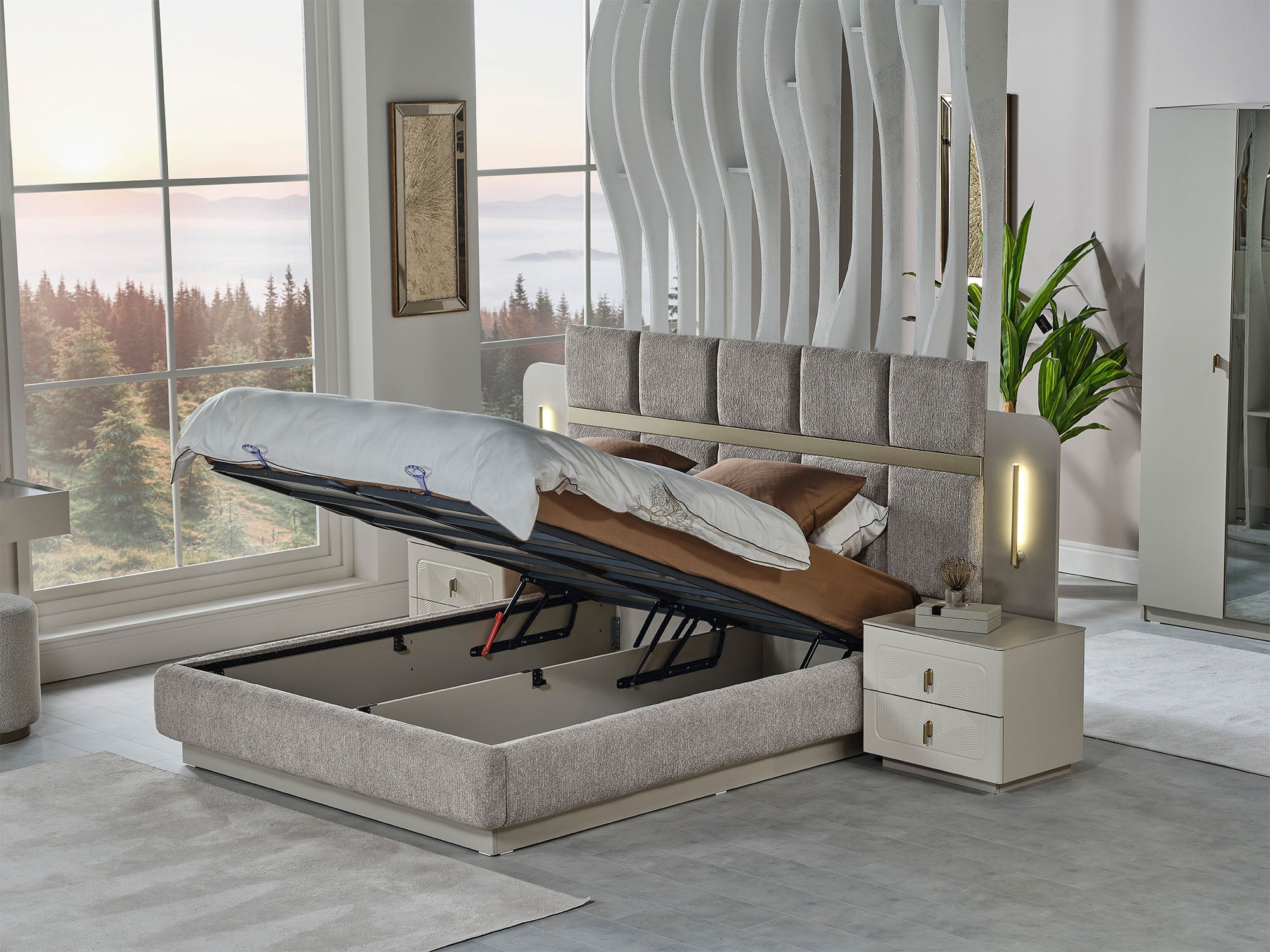 Hisar Bedroom (Queen Frame With Headboard & Dresser With Mirror & Ottoman & 2 Nightstand)