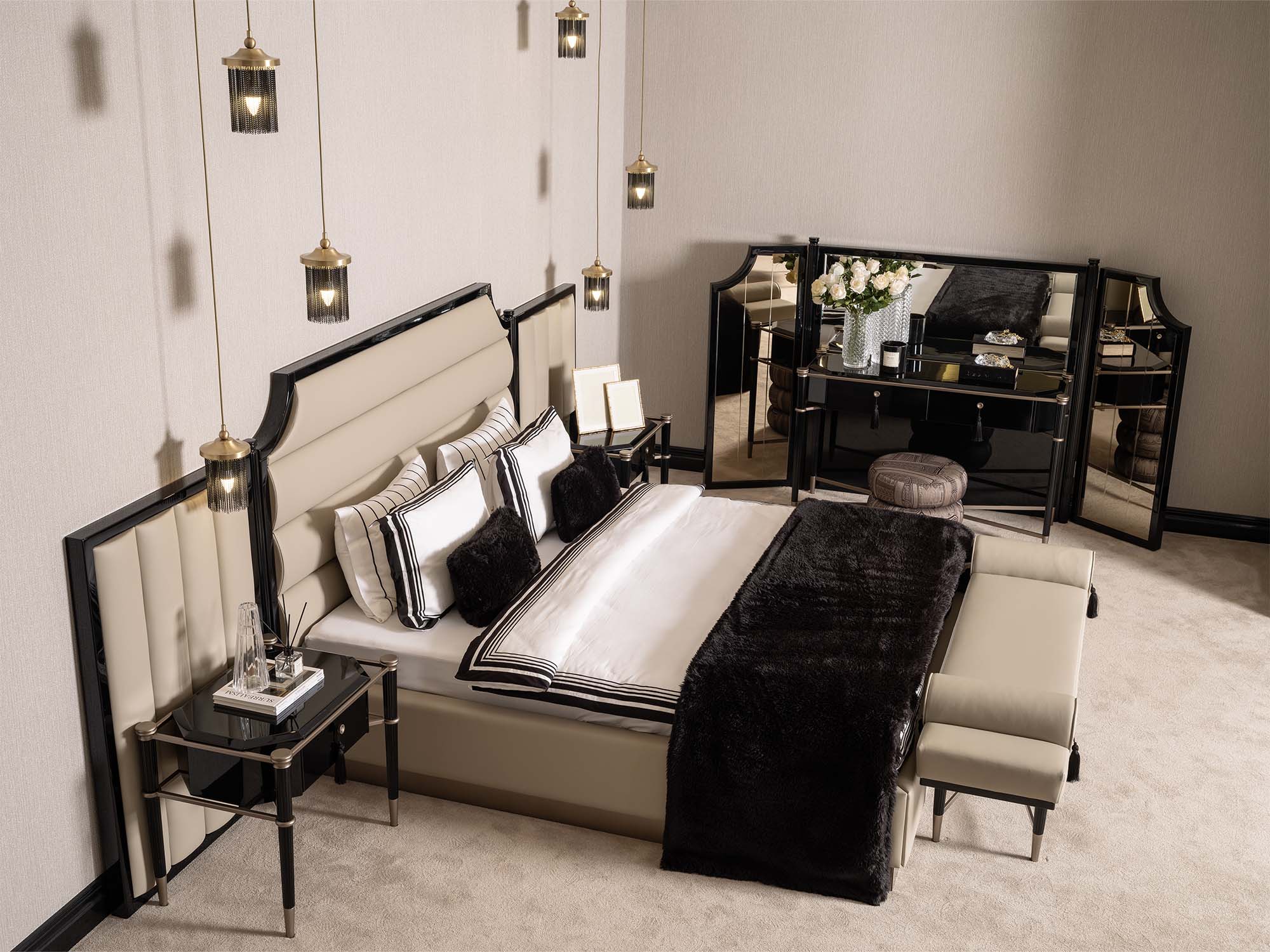 Istanbul Bedroom (Queen Frame With Headboard & Dresser With Mirror & Ottoman & 2 Nightstand & Bench)