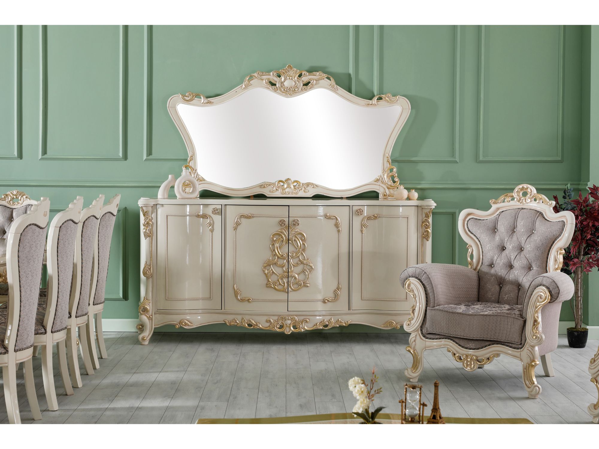 Kelebek Diningroom (Consol With Mirror & Dining Table & 2 Arm Chair & 4 Chair)