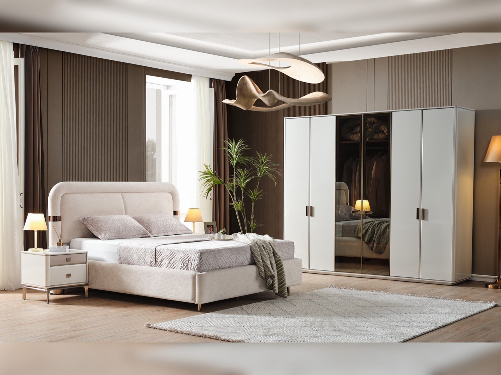 Law Bedroom (Queen Frame With Headboard & Dresser With Mirror & Ottoman & 2 Nightstand)