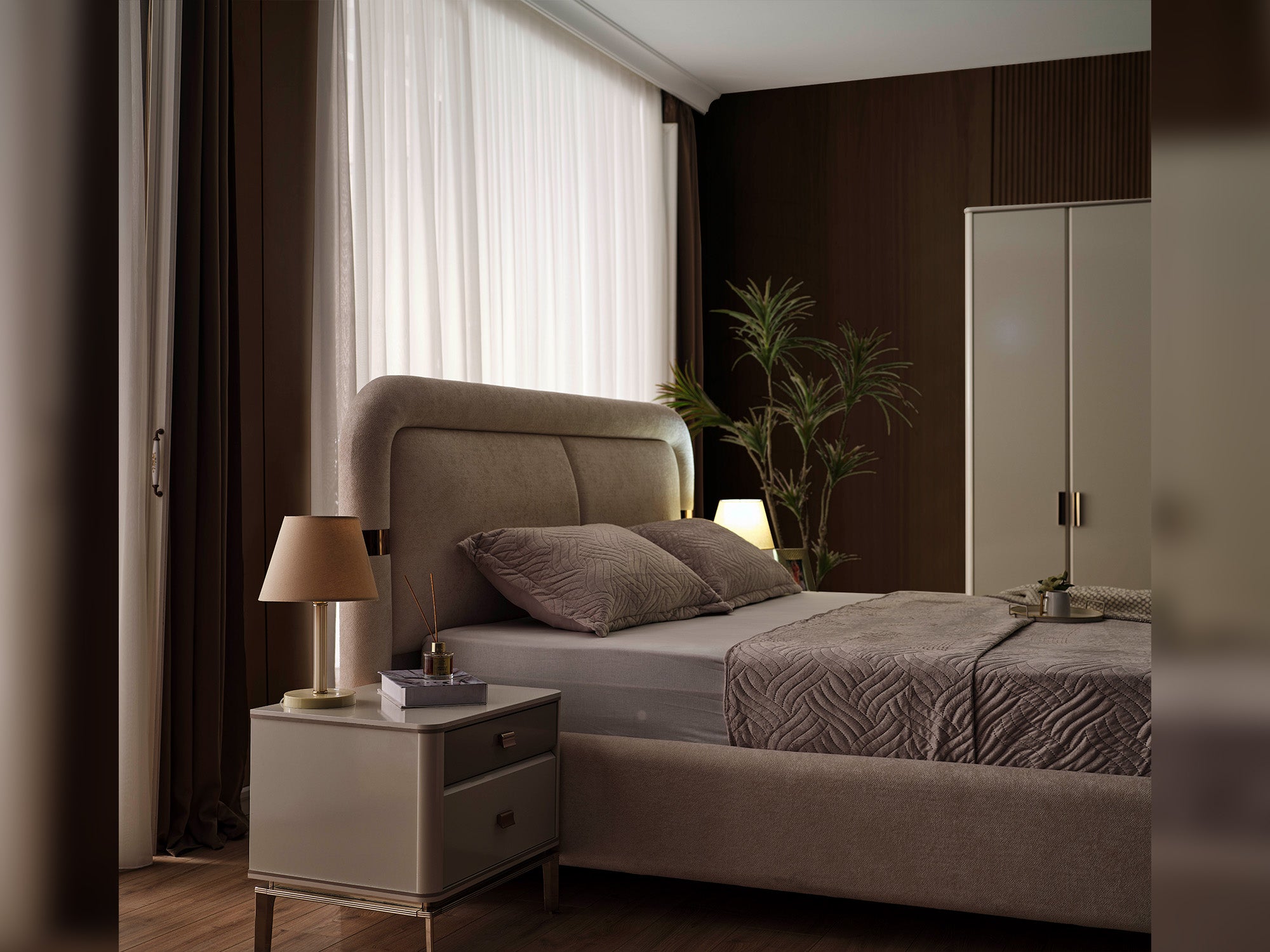 Law Bedroom (Queen Frame With Headboard & Dresser With Mirror & Ottoman & 2 Nightstand)