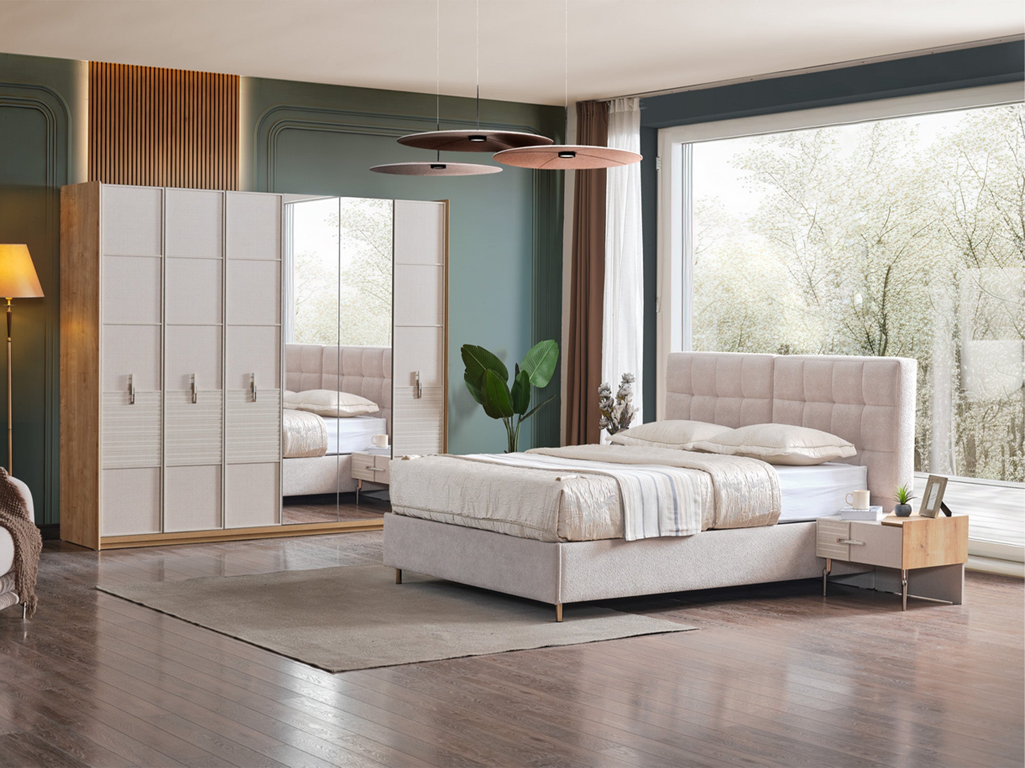 Lugano Bedroom (Queen Frame With Headboard & Dresser With Mirror & Ottoman & 2 Nightstand)