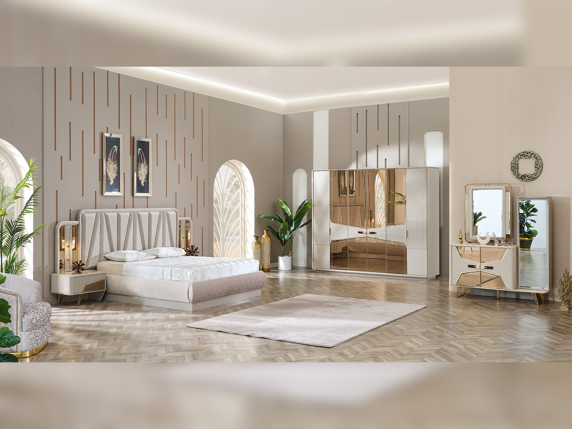 Milano Max Bedroom (Queen Frame With Headboard & Dresser With Mirror & 2 Nightstand)
