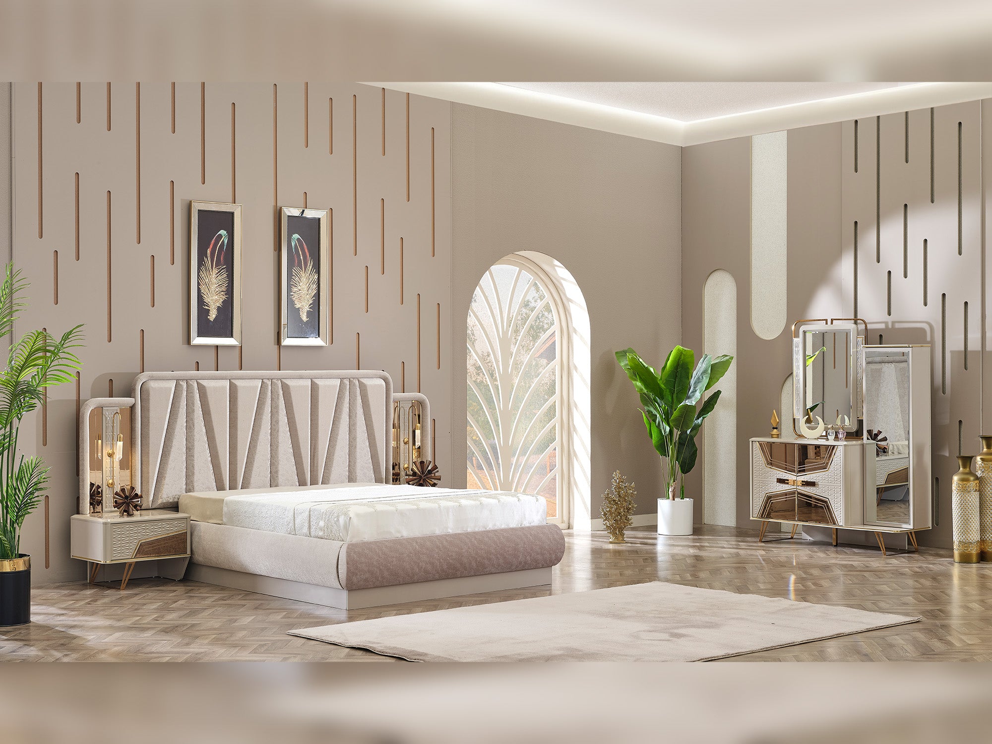 Milano Max Bedroom (Queen Frame With Headboard & Dresser With Mirror & 2 Nightstand)