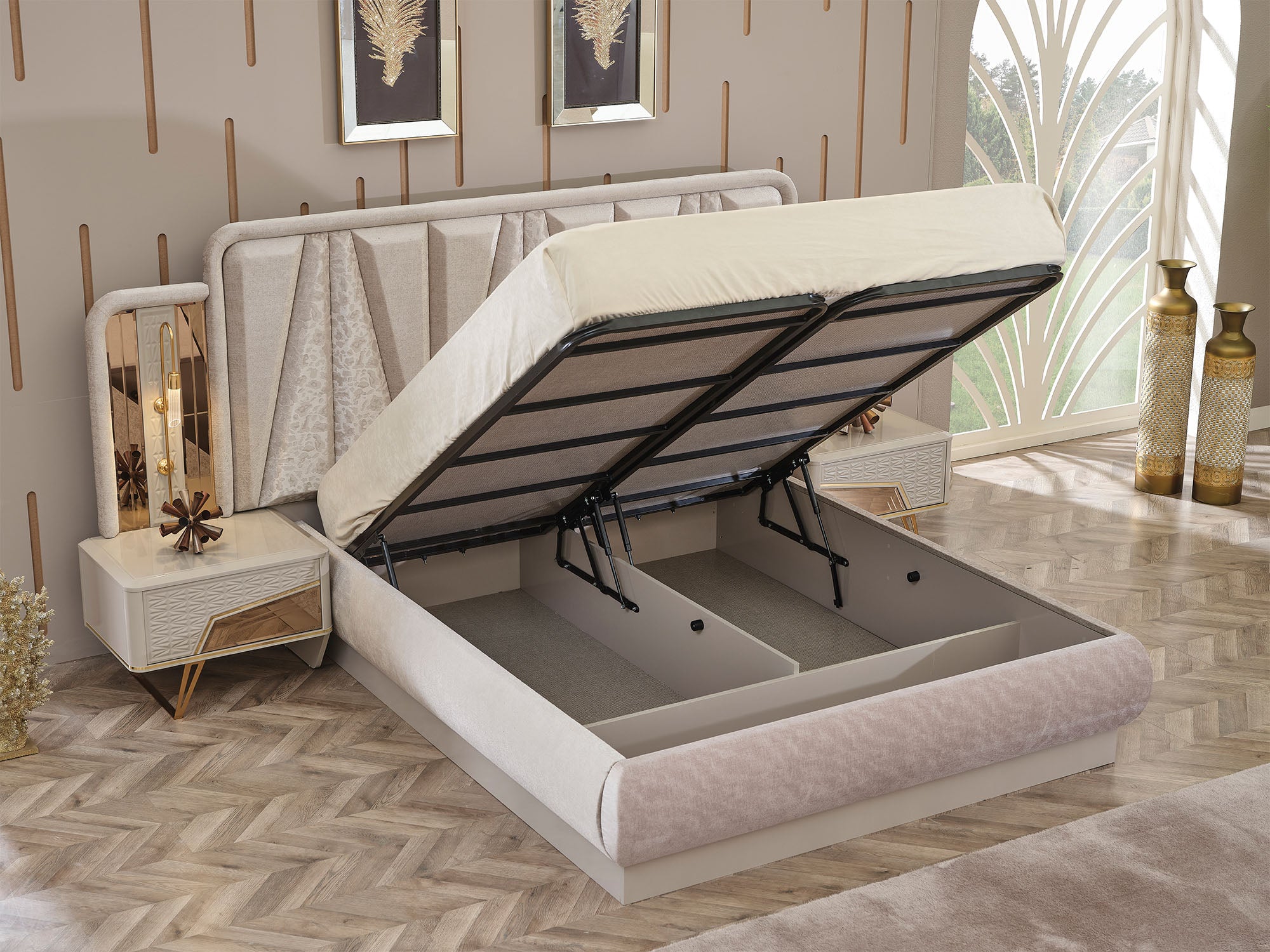 Milano Max Bedroom (Queen Frame With Headboard & Dresser With Mirror & 2 Nightstand)