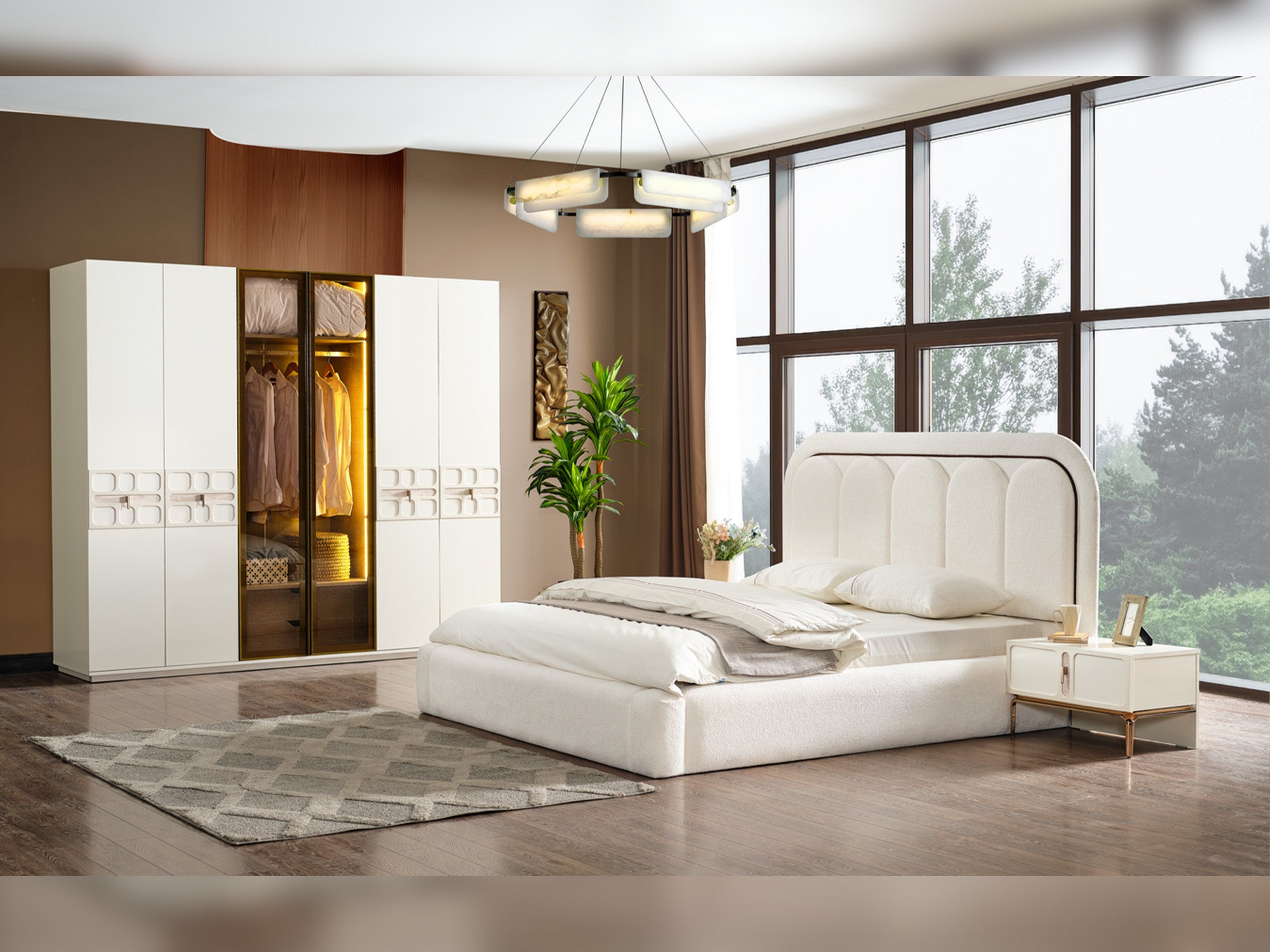 Pamukkale Bedroom (Queen Frame With Headboard & Dresser With Mirror & Ottoman & 2 Nightstand)