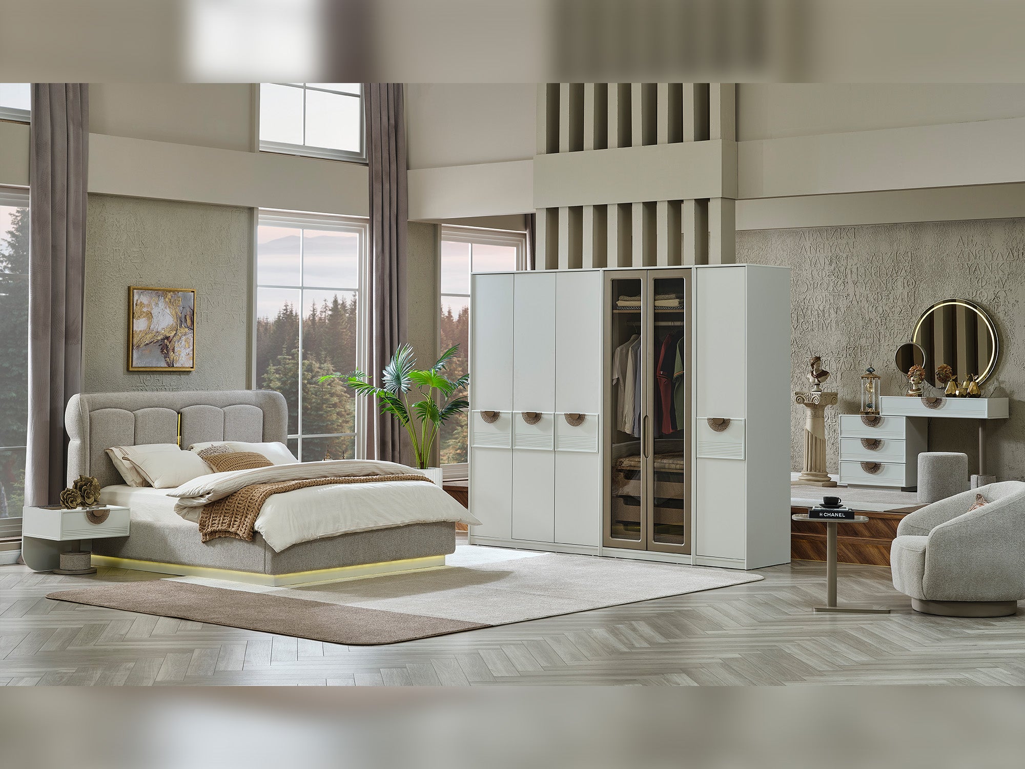 Prag Max Bedroom (Queen Frame With Headboard & Dresser With Mirror & Ottoman & 2 Nightstand)