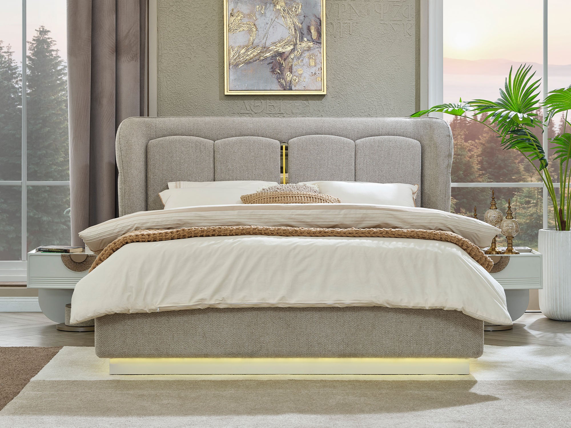 Prag Max Bedroom (Queen Frame With Headboard & Dresser With Mirror & Ottoman & 2 Nightstand)
