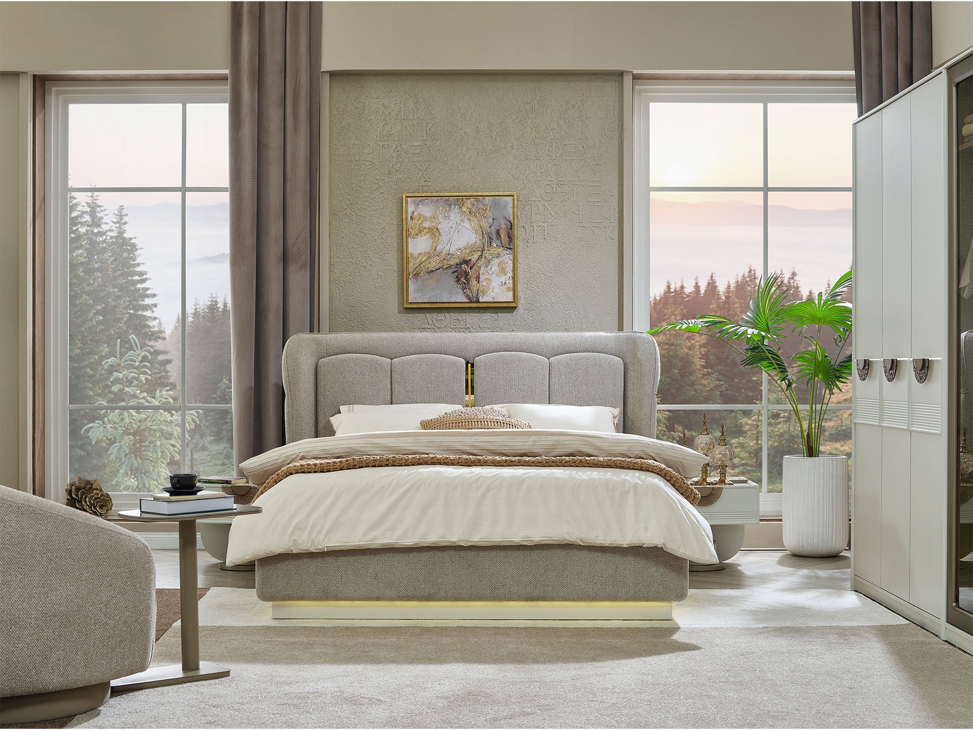 Prag Max Bedroom (Queen Frame With Headboard & Dresser With Mirror & Ottoman & 2 Nightstand)
