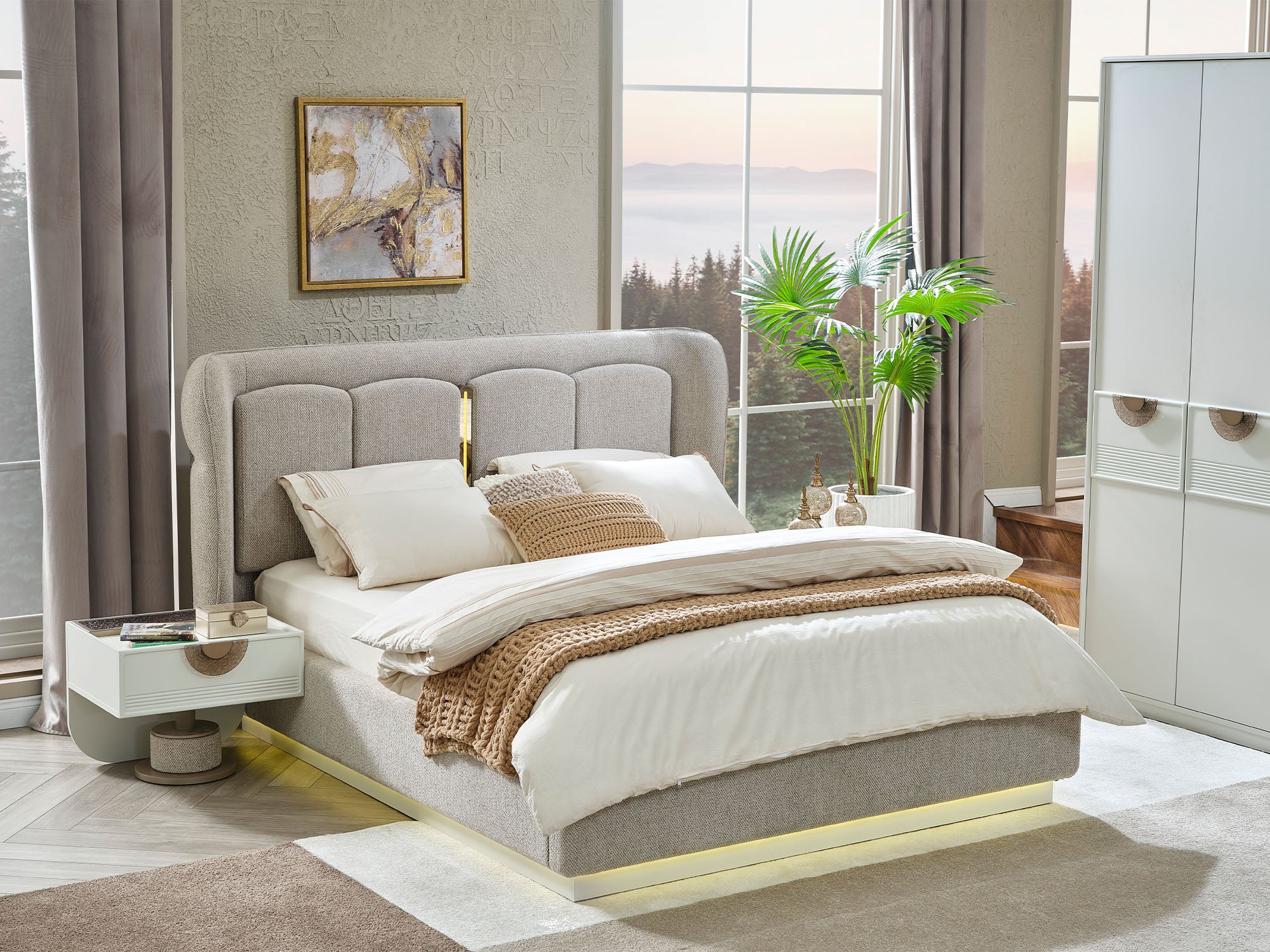 Prag Max Bedroom (Queen Frame With Headboard & Dresser With Mirror & Ottoman & 2 Nightstand)
