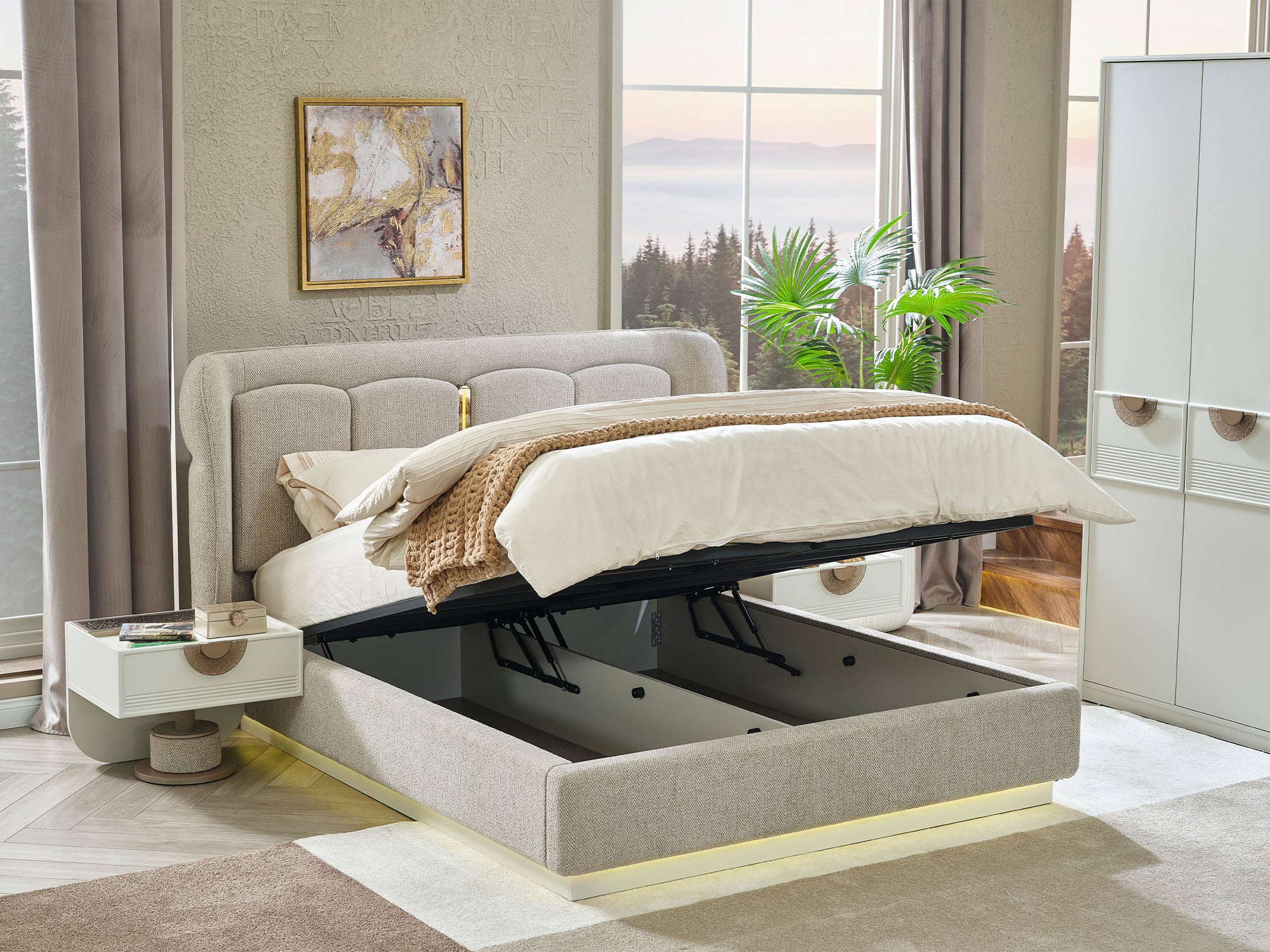 Prag Max Bedroom (Queen Frame With Headboard & Dresser With Mirror & Ottoman & 2 Nightstand)