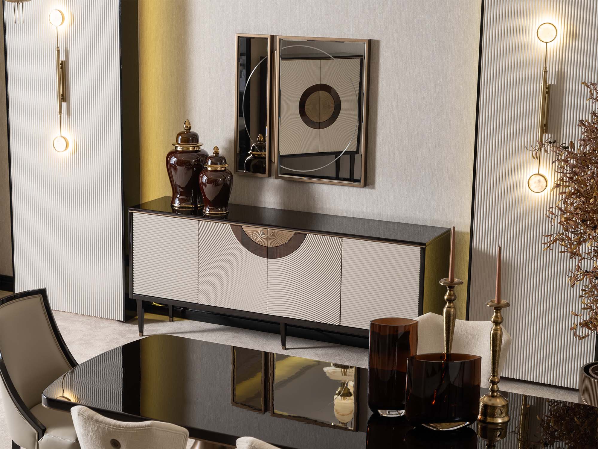 Revora Diningroom (Consol With Mirror & Dining Table & 2 Lux Dining Chair & 2 Dining Chair)