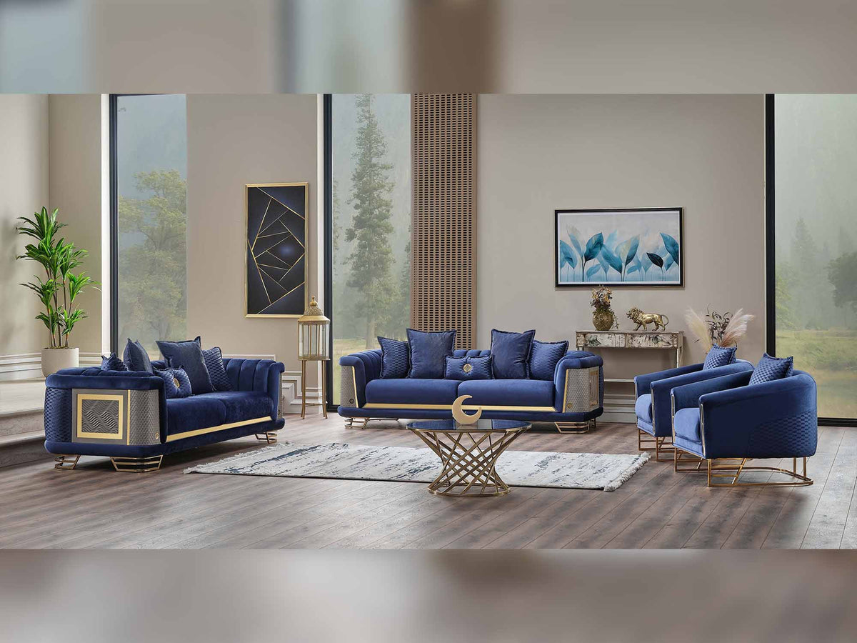 Romans 3-pieces (Sofa & 2 Chair) Livingroom Set Navy Blue