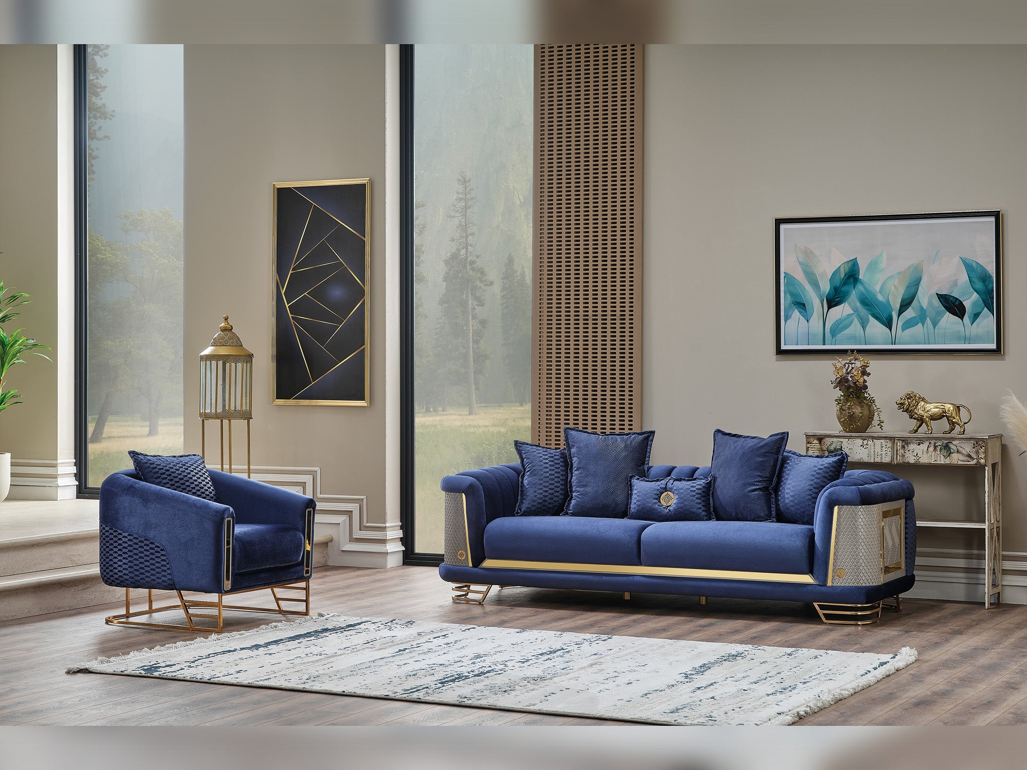 Romans 3-pieces (Sofa & Loveseat & Chair) Livingroom Set Navy Blue