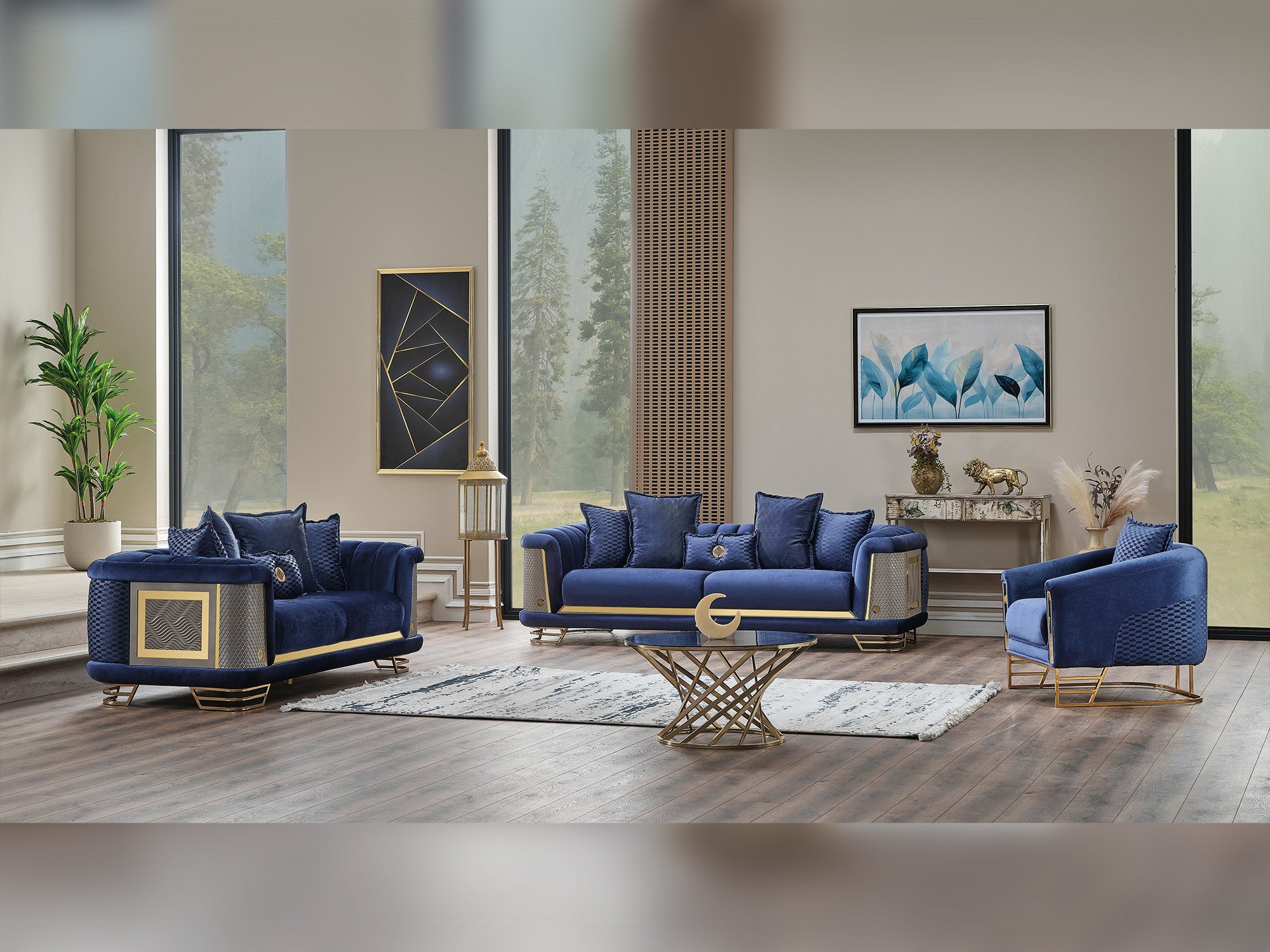 Romans 3-pieces (Sofa & Loveseat & Chair) Livingroom Set Navy Blue
