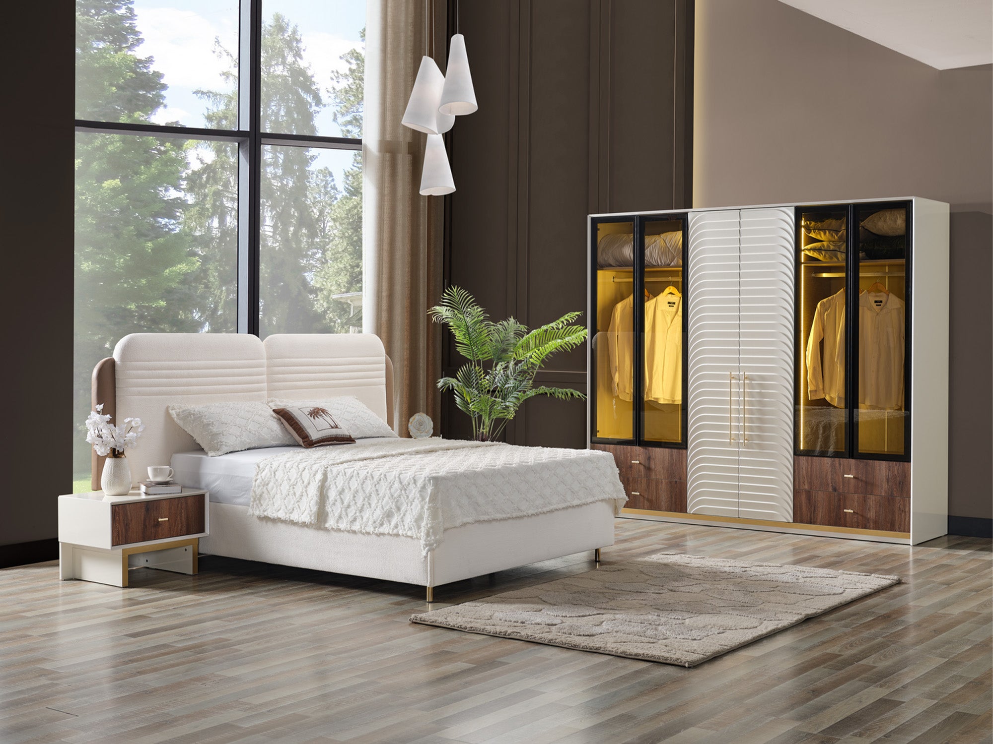 Sidney Bedroom (Queen Frame With Headboard & Dresser With Mirror & Ottoman & 2 Nightstand)