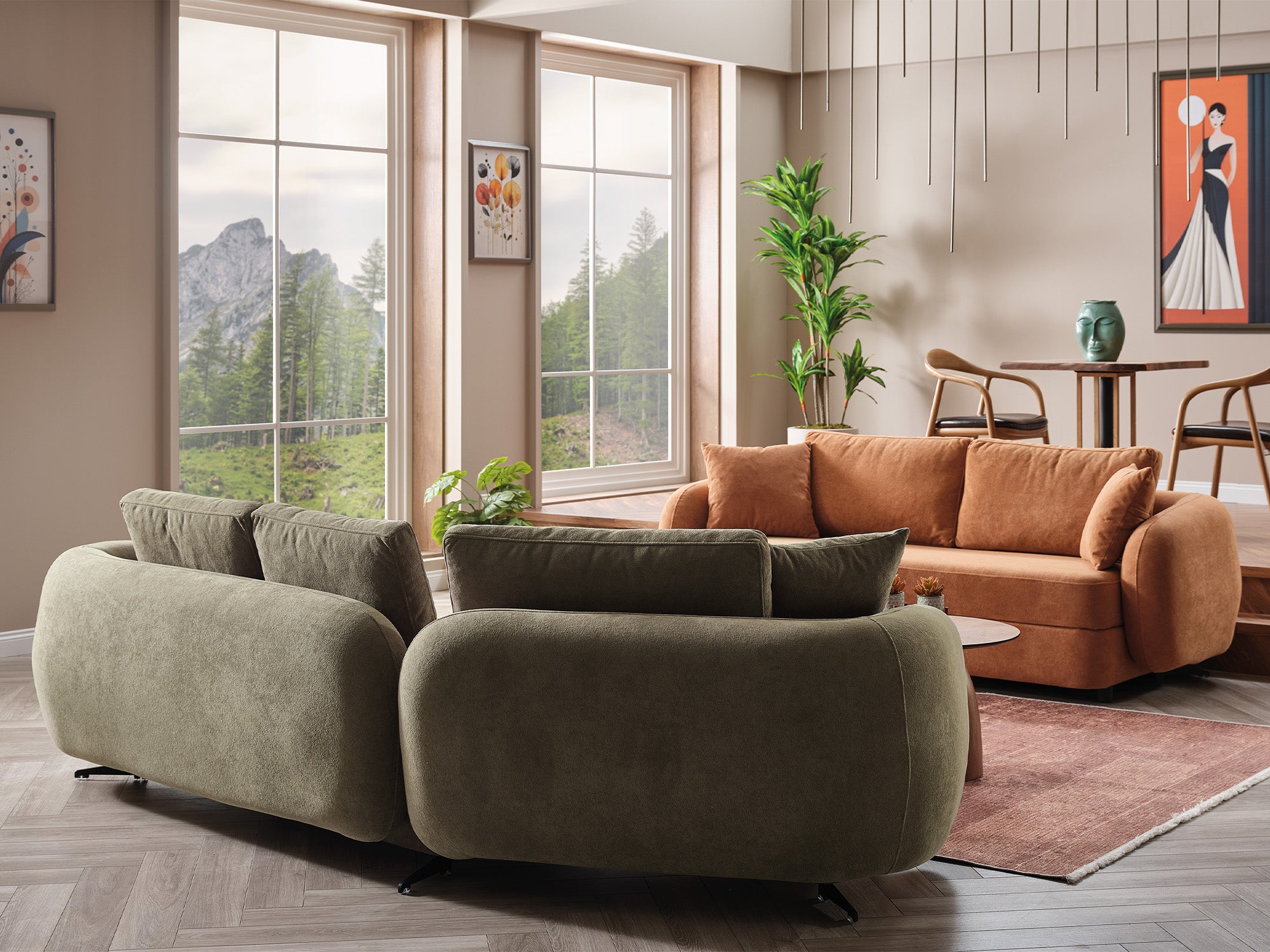 Toscana 4-pieces (4 Seater Sofa &  3 Seater Sofa & 2 Chair) Livingroom Set Orange - Green