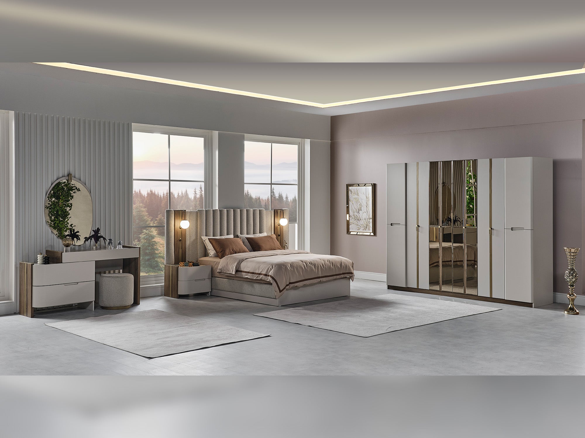Urgup Bedroom (Queen Frame With Headboard & Dresser With Mirror & Ottoman & 2 Nightstand)