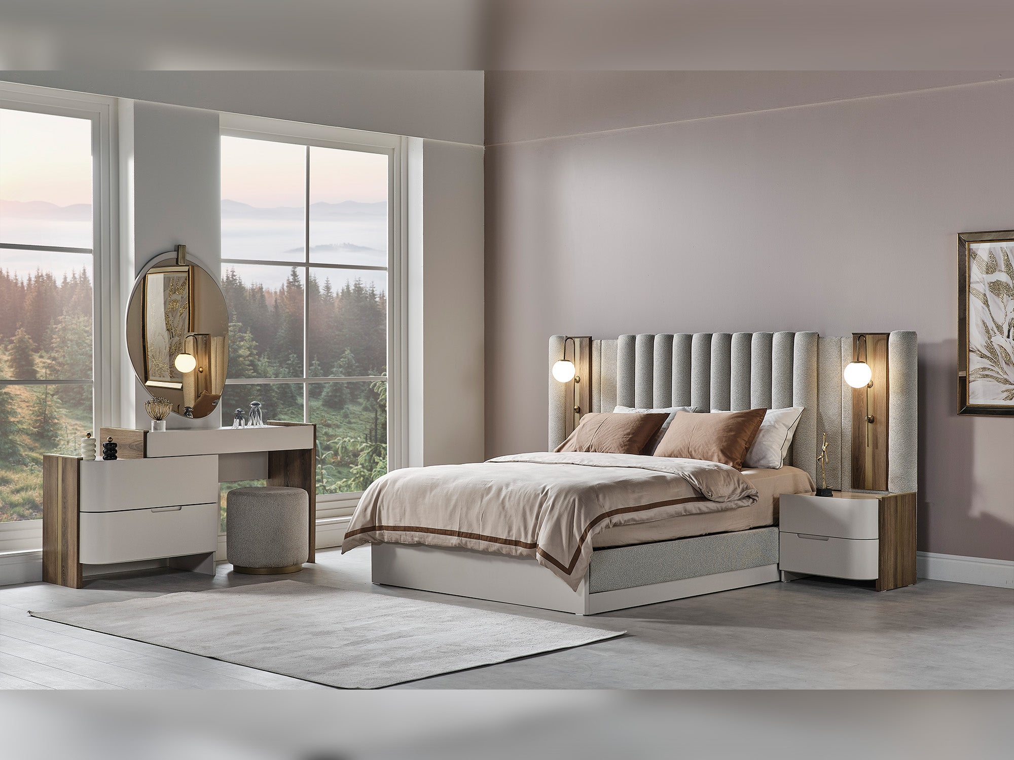 Urgup Bedroom (Queen Frame With Headboard & Dresser With Mirror & Ottoman & 2 Nightstand)