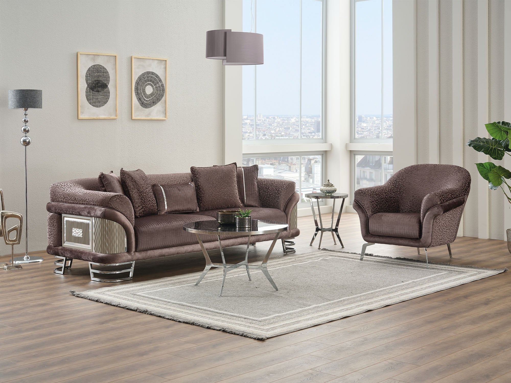 Versace 3-pieces (Sofa & Loveseat & Chair) Livingroom Set Dark Grey